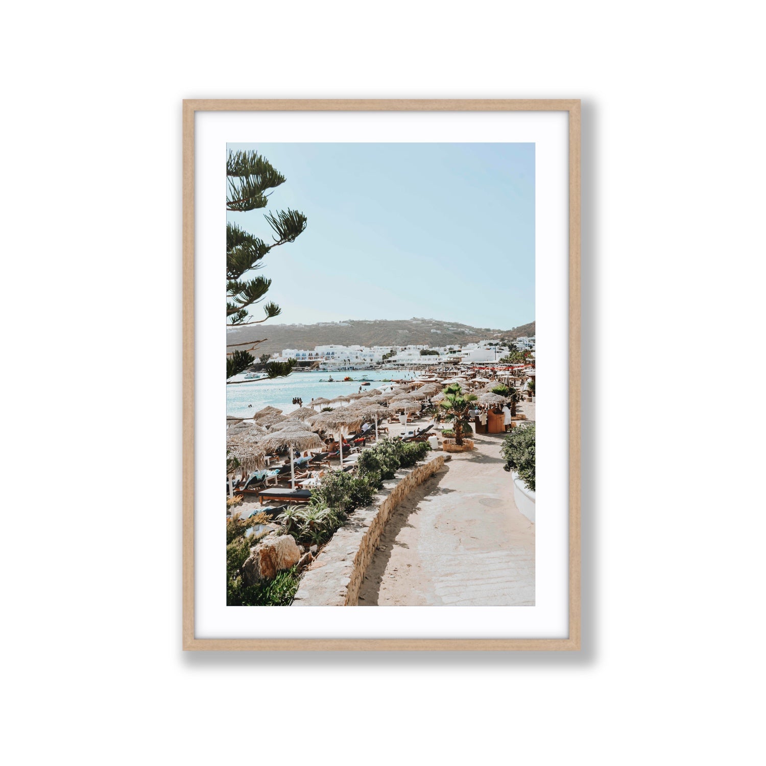 All Roads Lead To The Beach Mykonos Greek island wall art Extra Large fine art print in natural oak frame with matboard