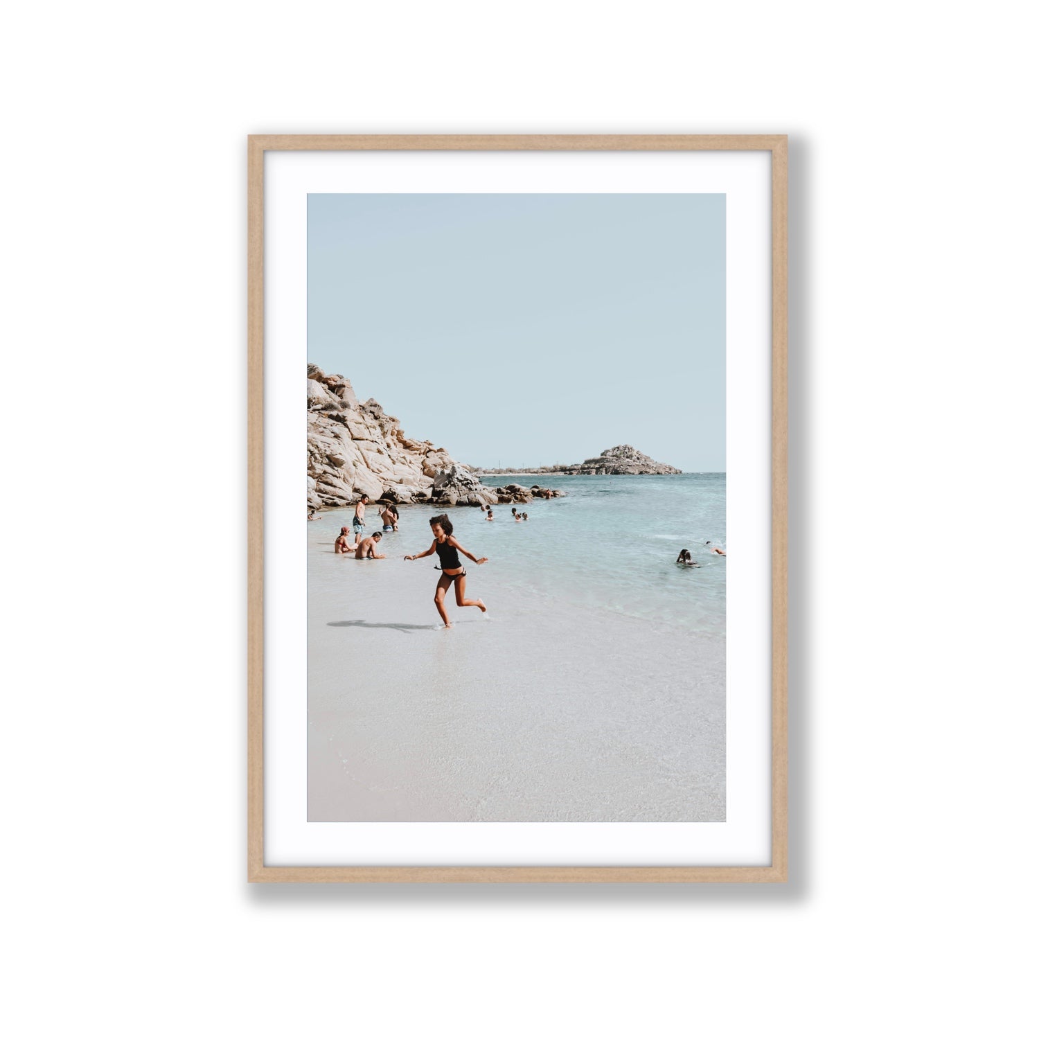 Skipping Angel Mykonos Greek island decor wall art Extra Large fine art print in natural oak frame with matboard