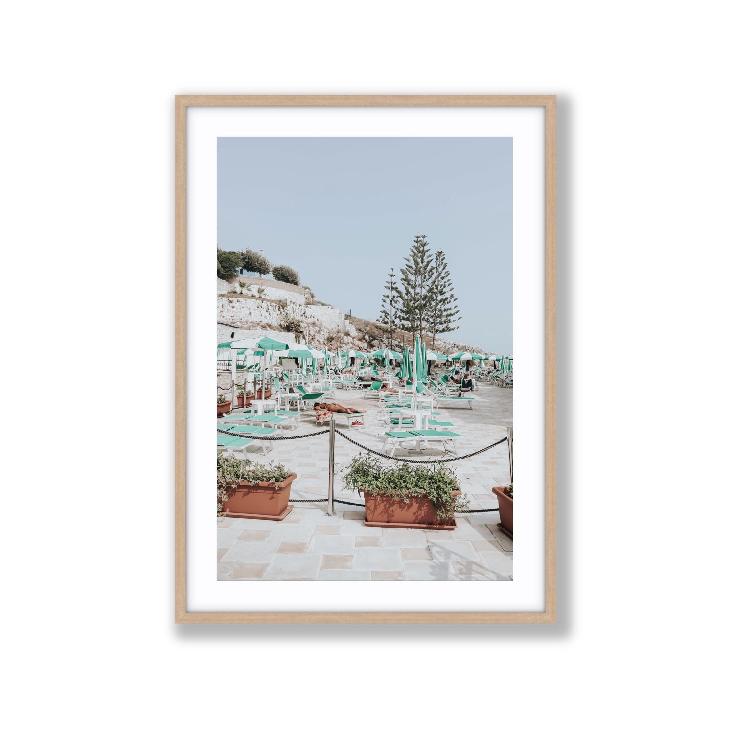 Siesta on The Terrace Puglia coastal wall art Extra Large fine art print in natural oak frame with matboard