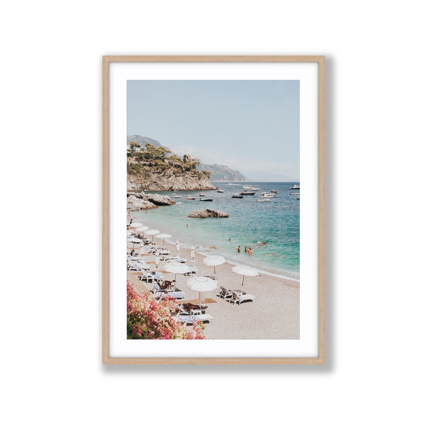 Seaview Refuge Amalfi coastal wall art extra large fine art print in natural oak frame with matboard