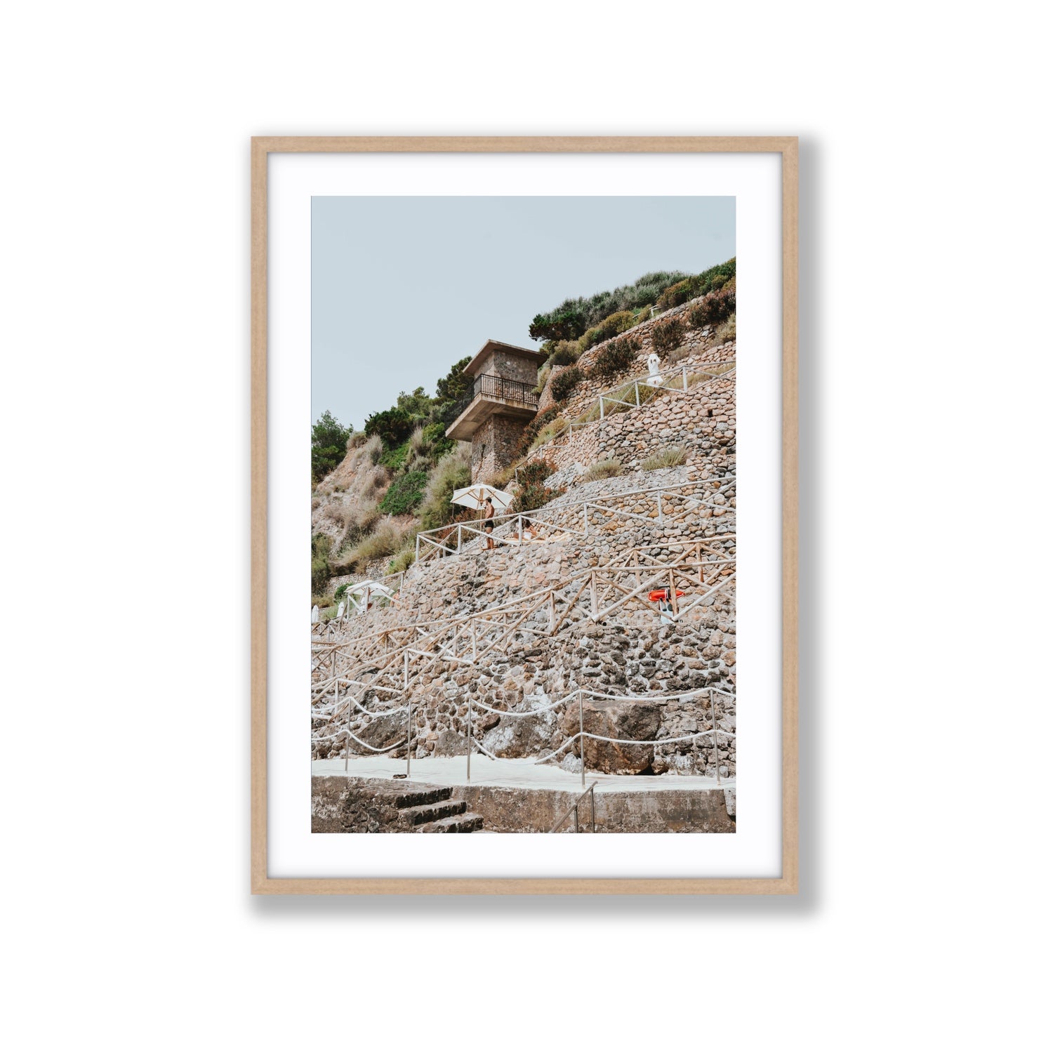 Solitude by the Sea Tuscany coastal Italian wall art Extra Large fine art print in natural oak frame with matboard