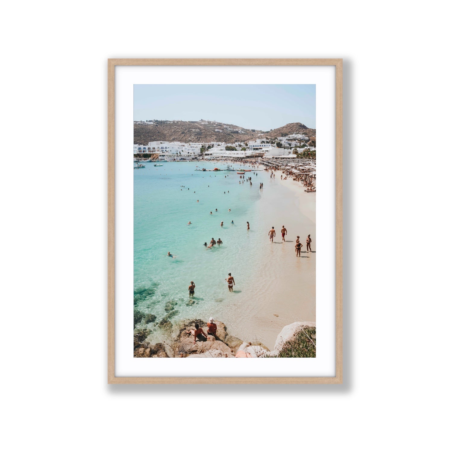 Breathe In The Salty Air Mykonos Greek island wall art Extra Large fine art print in natural oak frame with matboard
