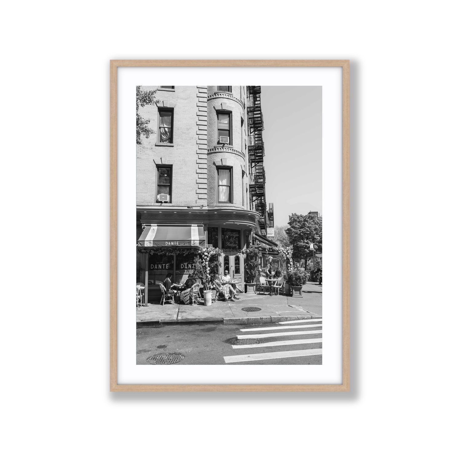 Sunny Soiree New York NYC Black & White wall art Extra Large fine art print in natural oak frame with matboard