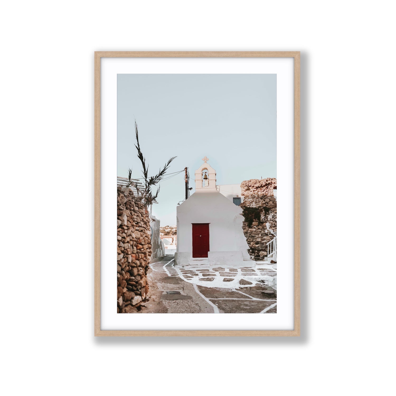 Little Chapel Mykonos Greek island wall art Extra Large fine art print in natural oak frame with matboard