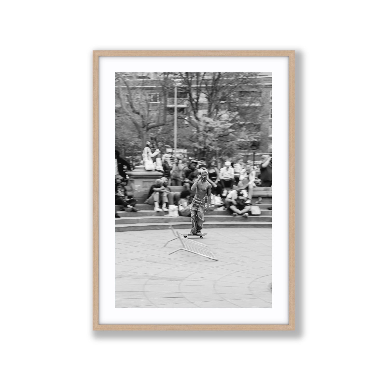 Skate Park Serenade New York NYC Black & White wall art Extra Large fine art print in natural oak frame with matboard