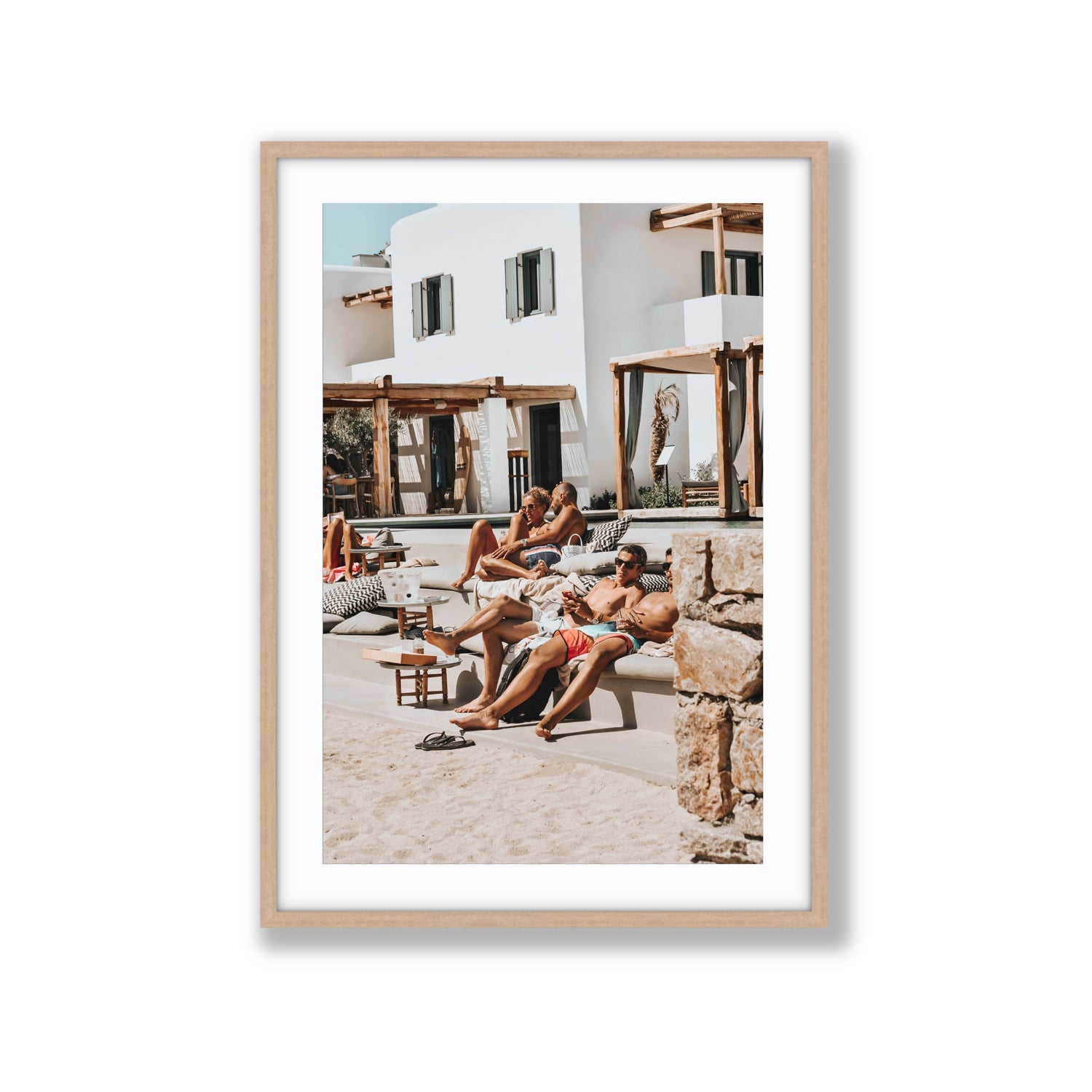 Style That Sizzles Mykonos Greek island wall art Extra Large fine art print in natural oak frame with matboard