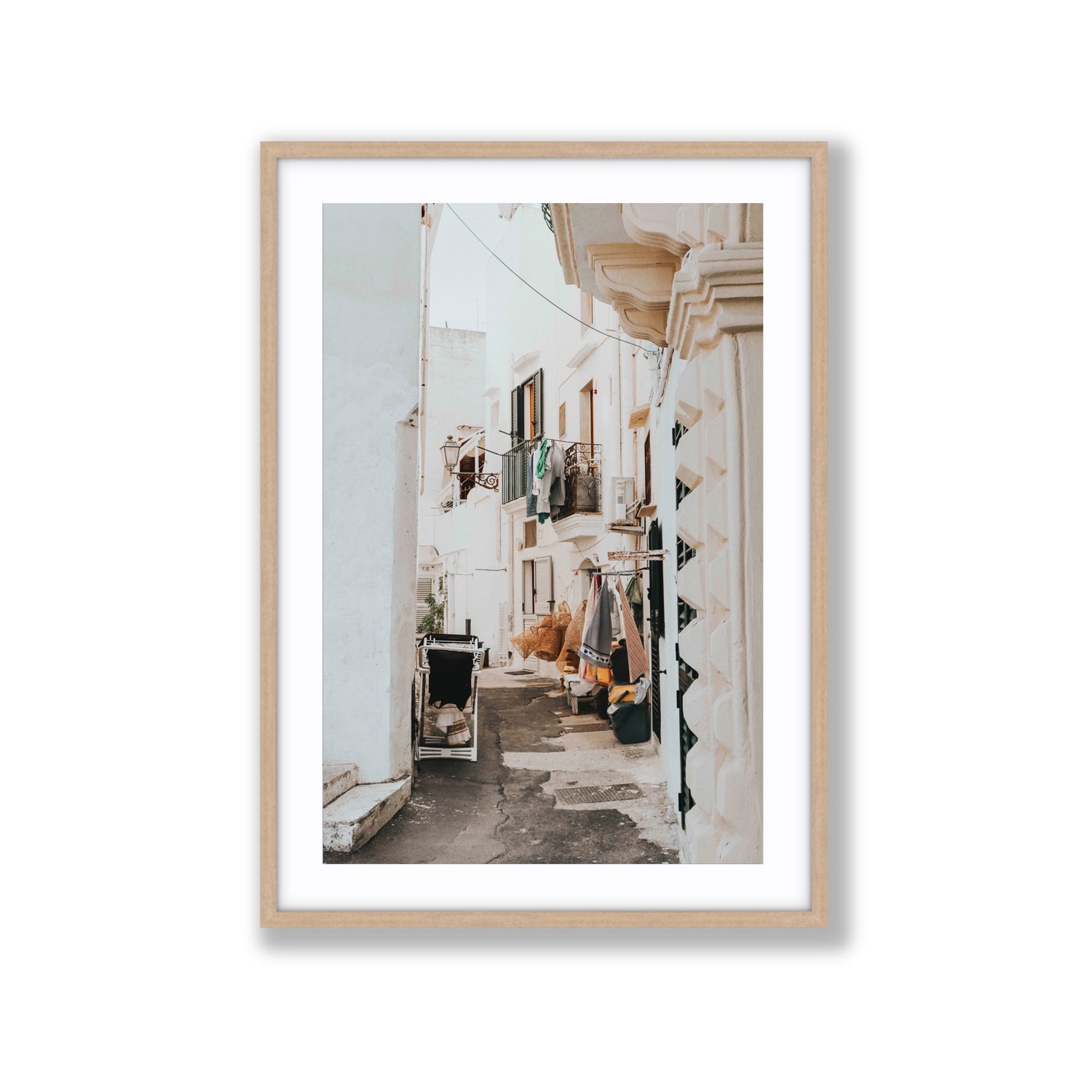 Hanging Harmony Puglia Italian wall art Extra Large fine art print in natural oak frame with matboard