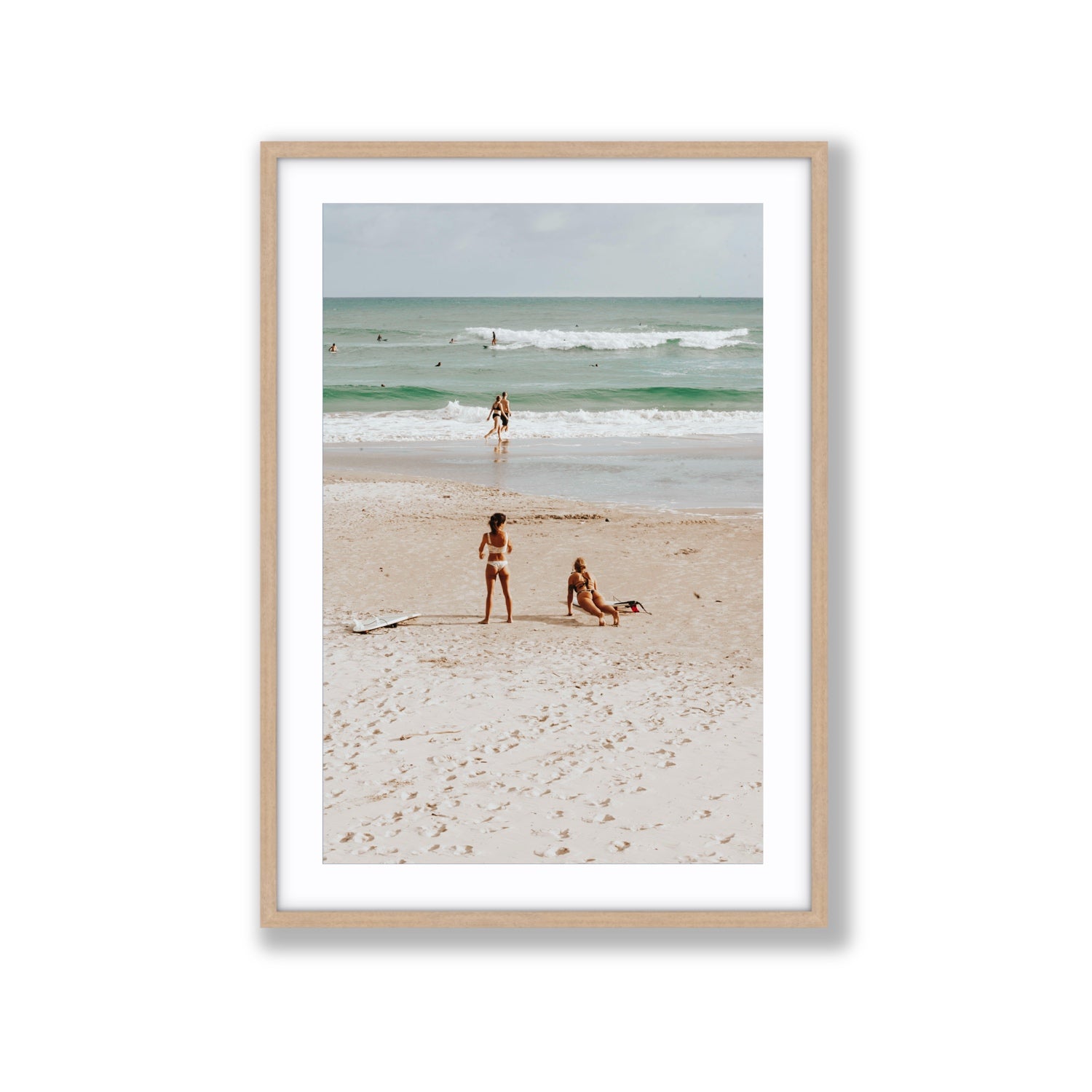 Gidget & Betty Byron Bay beach coastal wall art Extra Large fine art print in natural oak frame with matboard