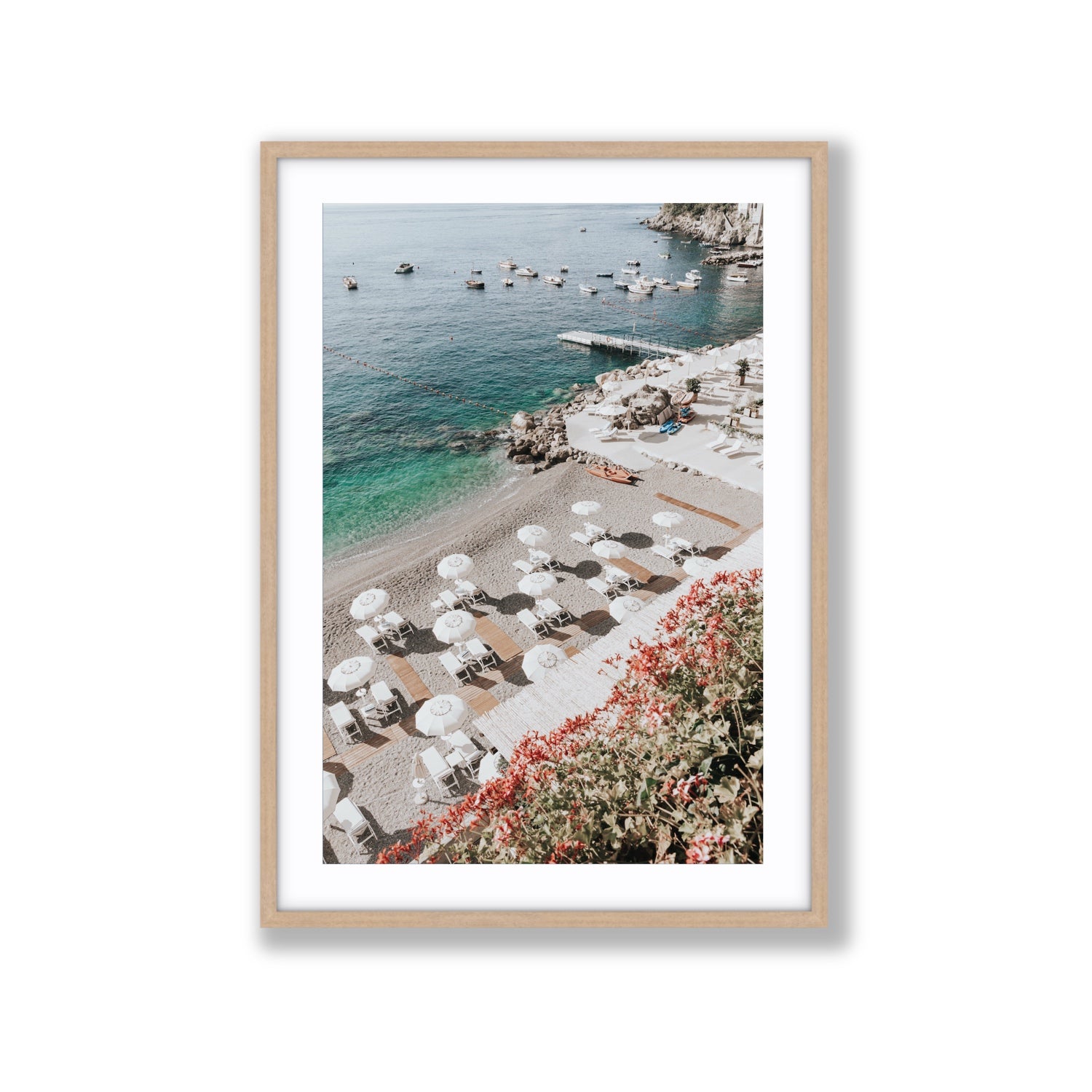 Tranquil Oasis Amalfi coastal wall art Extra Large fine art print in natural oak frame with matboard