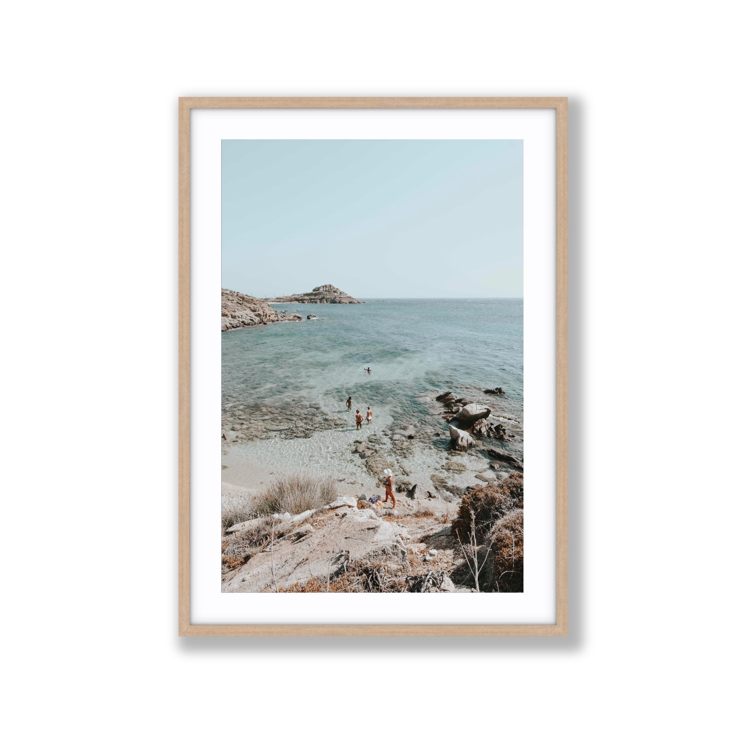 Explorers Mykonos Greek island wall art Extra Large fine art print in natural oak frame with matboard