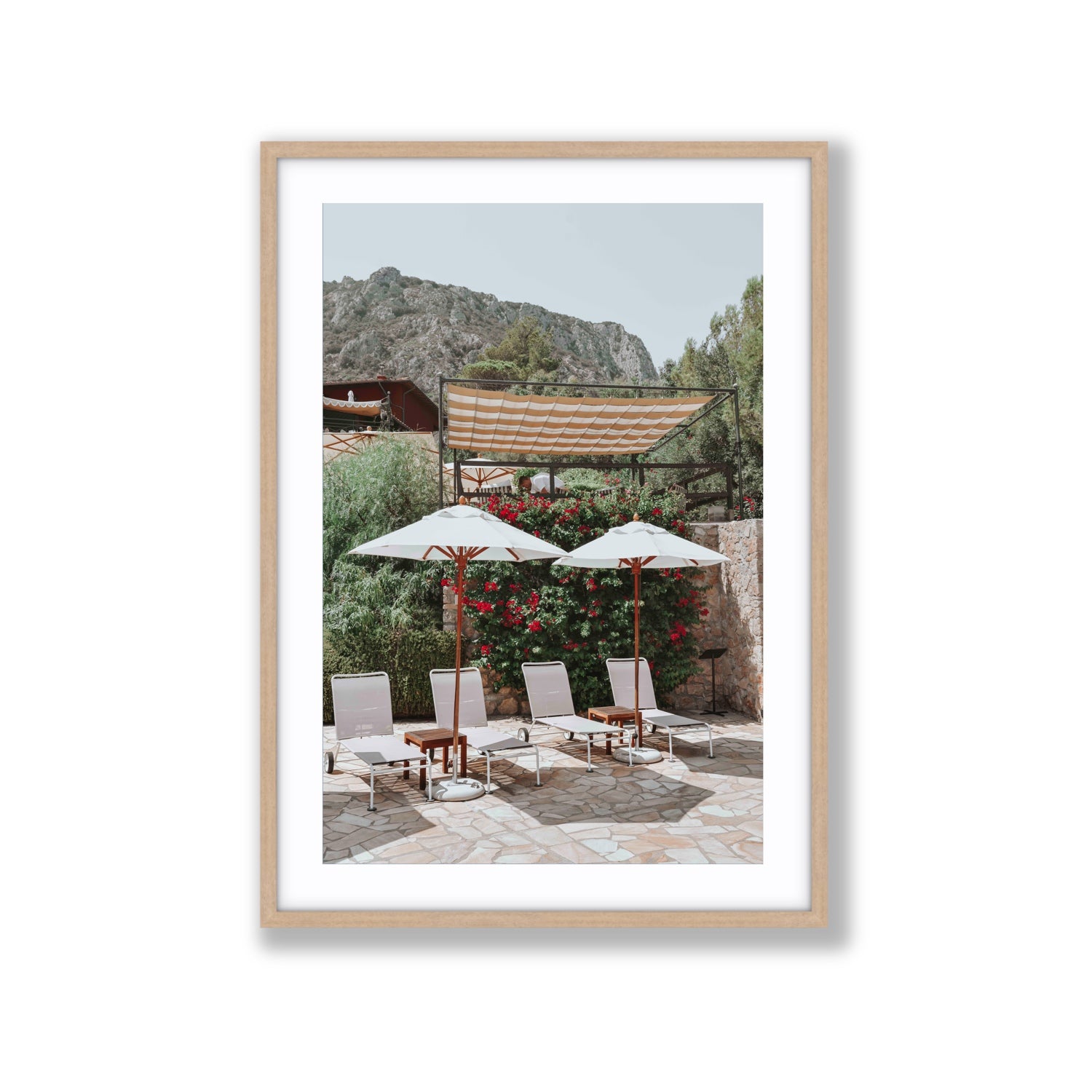 Shades of Leisure Tuscany coastal Italian wall art Extra Large fine art print in natural oak frame with matboard