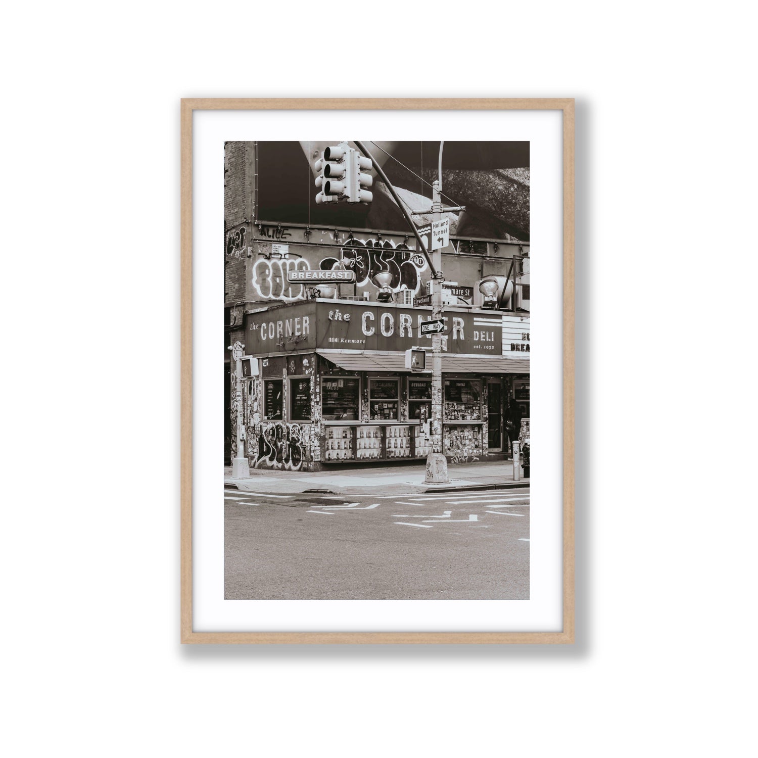 Soho Deli New York NYC Black & White wall art Extra Large fine art print in natural oak frame with matboard
