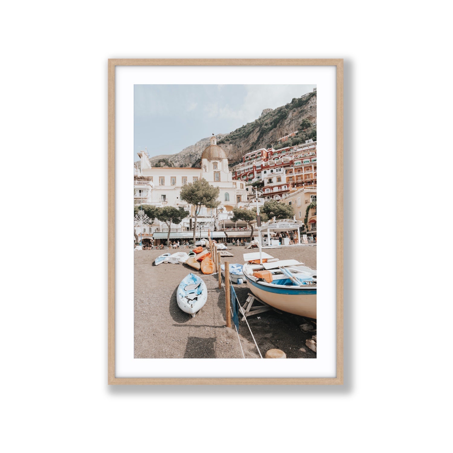 Seaside Hues Positano wall art Extra Large fine art print in natural oak frame with matboard