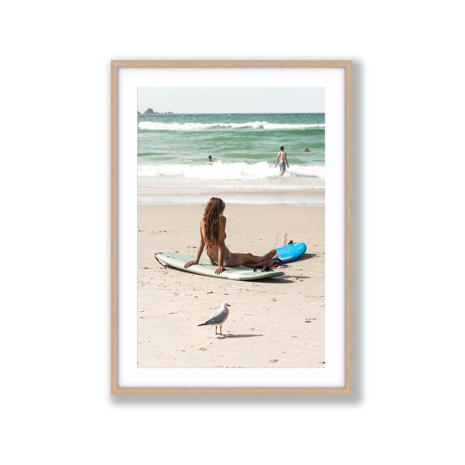 Carissa Byron Bay Surf coastal wall art Extra Large fine art print in natural oak frame with matboard