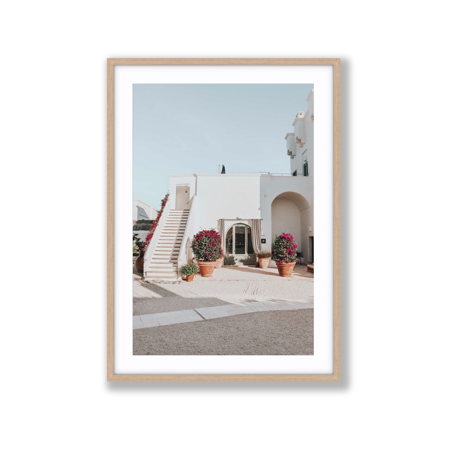 Scala Fiorita Puglia Mediterranean wall art Extra Large fine art print in natural oak frame with matboard