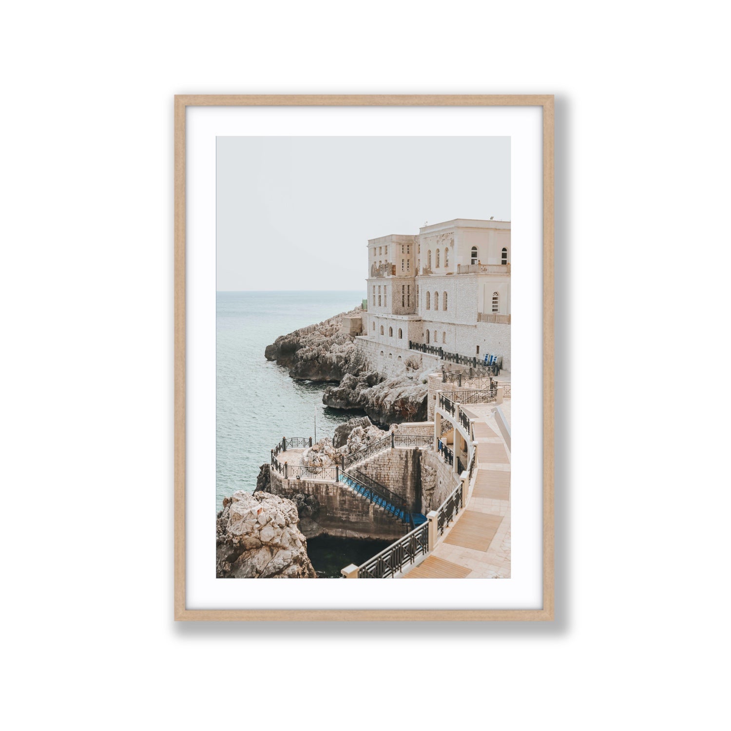 Santa Cesarea Puglia Italian coastal wall art Extra Large fine art print in natural oak frame with matboard