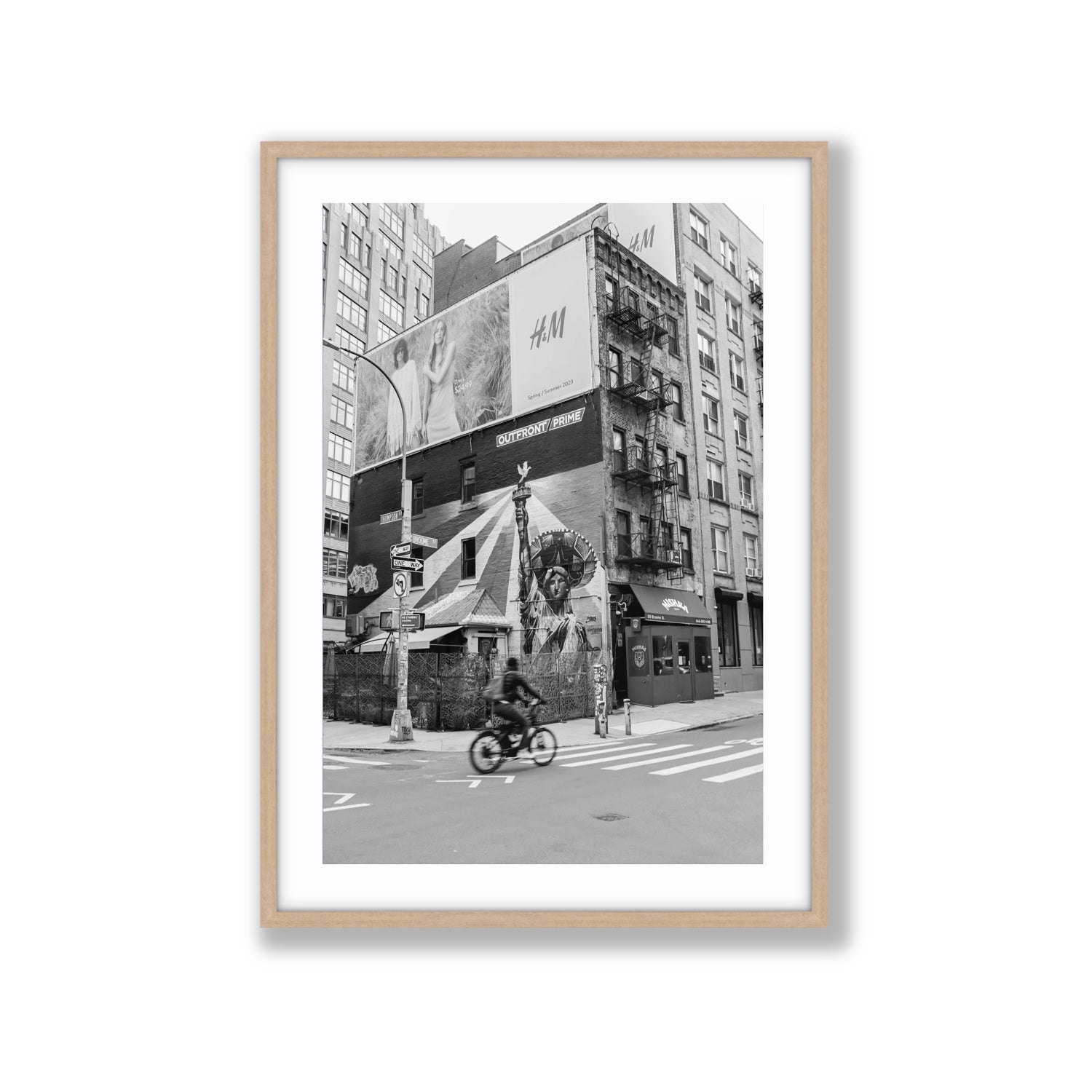 Shadows Of Liberty New York NYC Black & White wall art Extra Large fine art print in natural oak frame with matboard