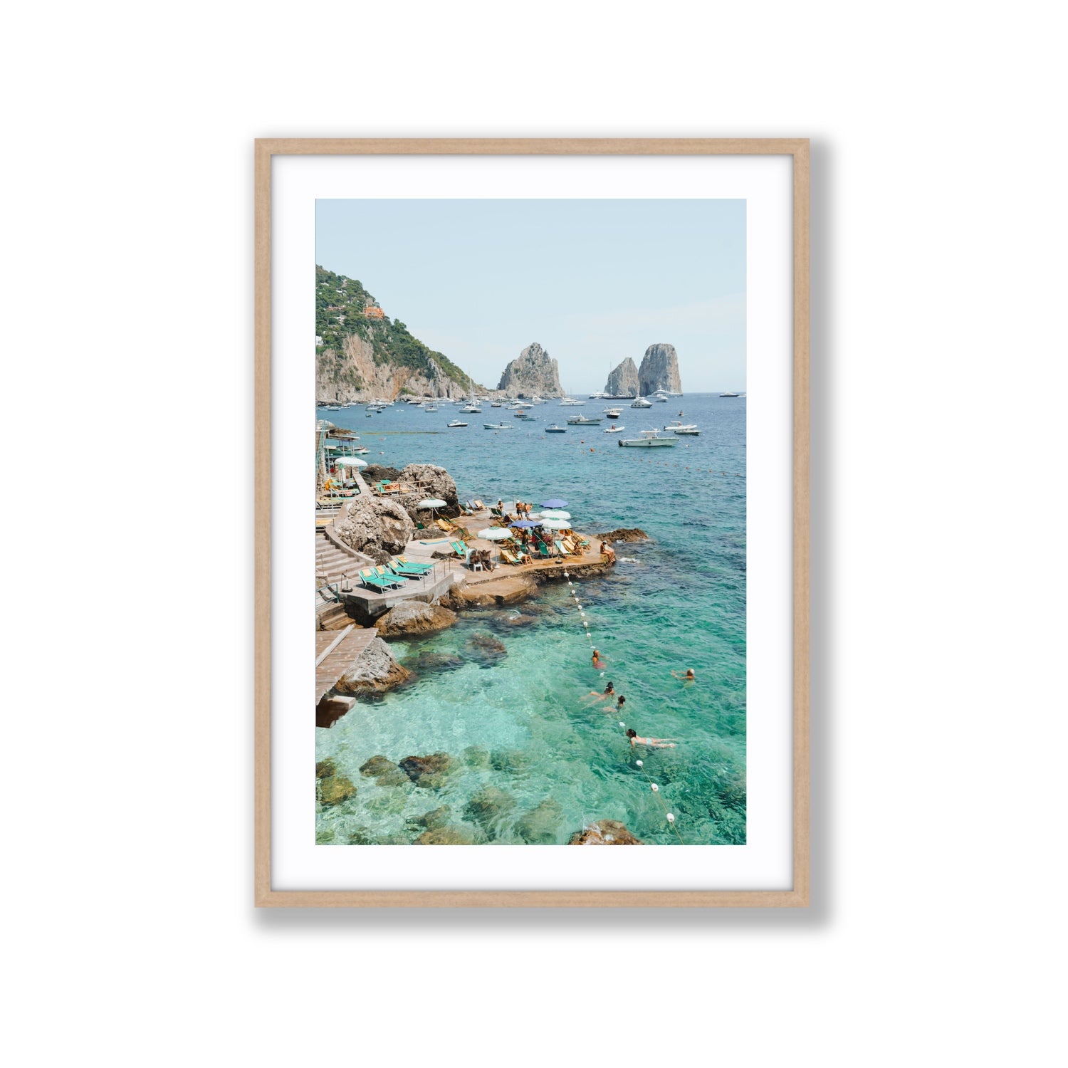 Summertime Blues Capri Mediterranean wall art Extra Large fine art print in natural oak frame with matboard