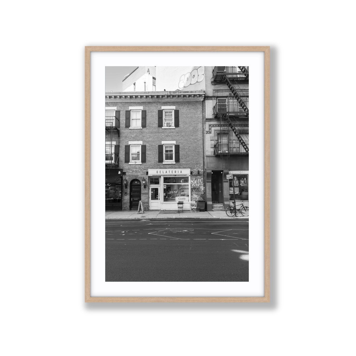Gelateria New York NYC Black & White wall art Extra Large fine art print in natural oak frame with matboard