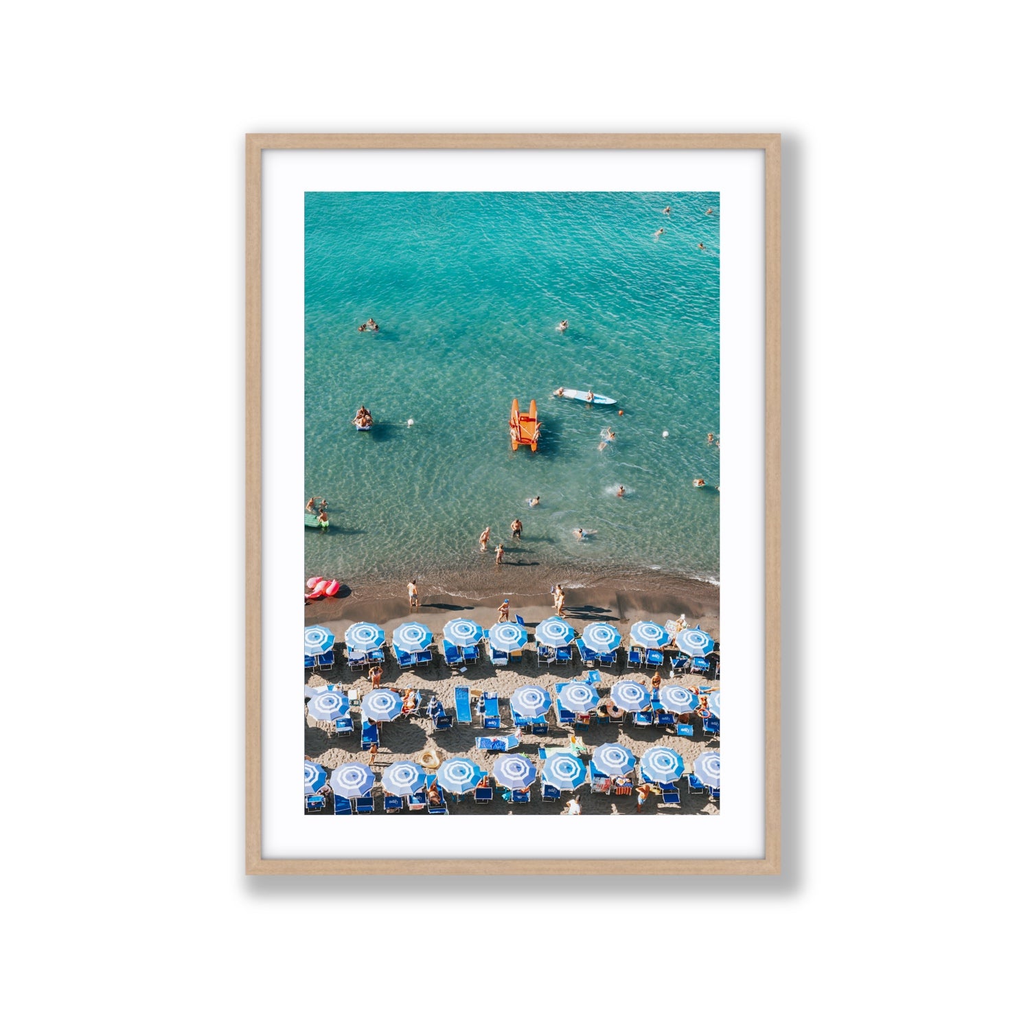 Aquamarine Oasis Sorrento Italian coastal wall art Extra Large fine art print in natural oak frame with matboard