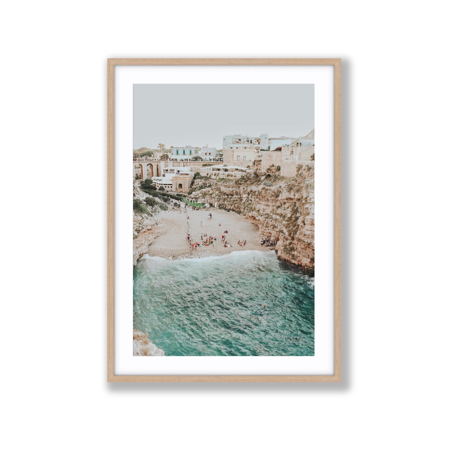 Polignano Vista Puglia coastal Italian beach fine art print Extra Large fine art print in natural oak frame with matboard