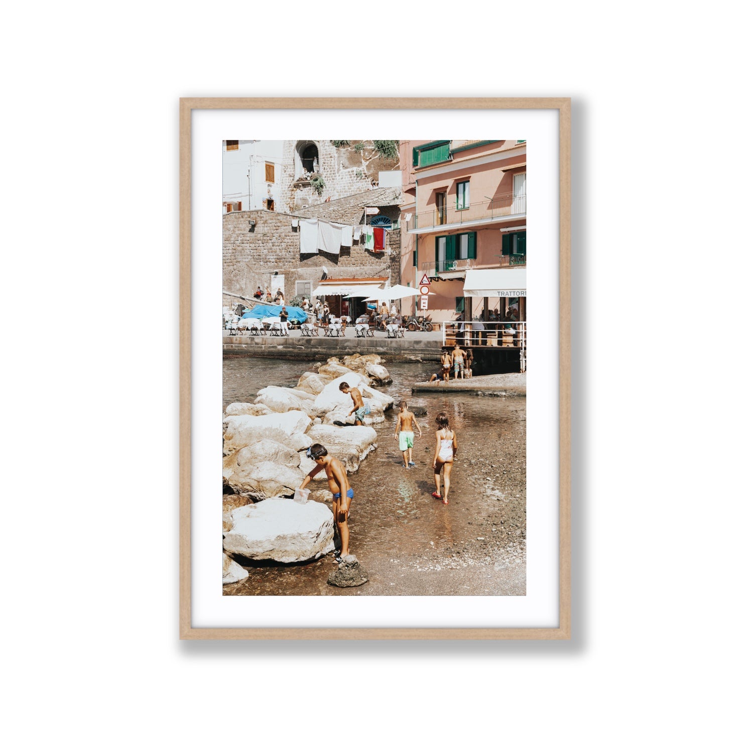 The Beachcombers Sorrento beach coastal wall art Extra Large fine art print in natural oak frame with matboard