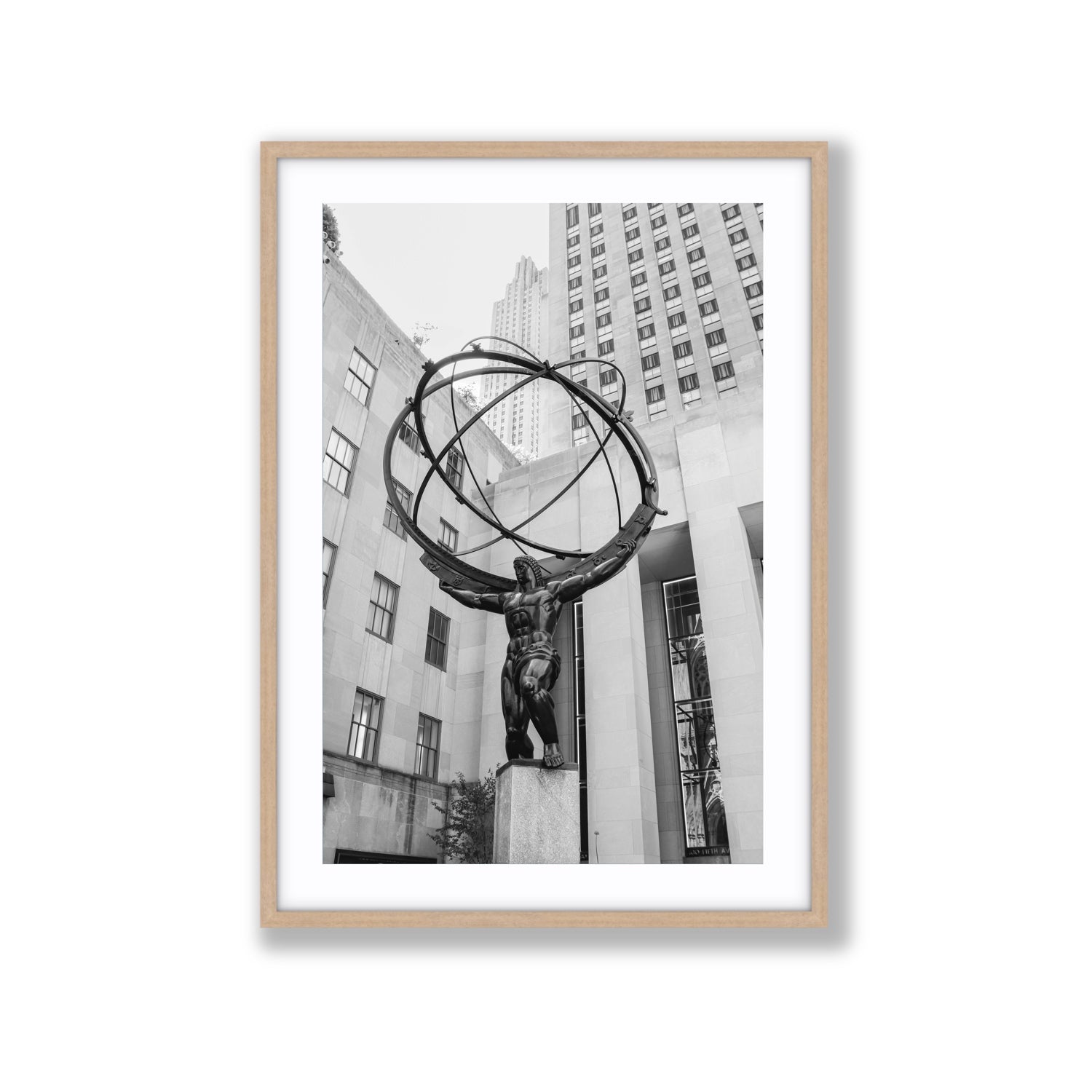 Atlas Ascends New York NYC Black & White wall art Extra Large fine art print in natural oak frame with matboard