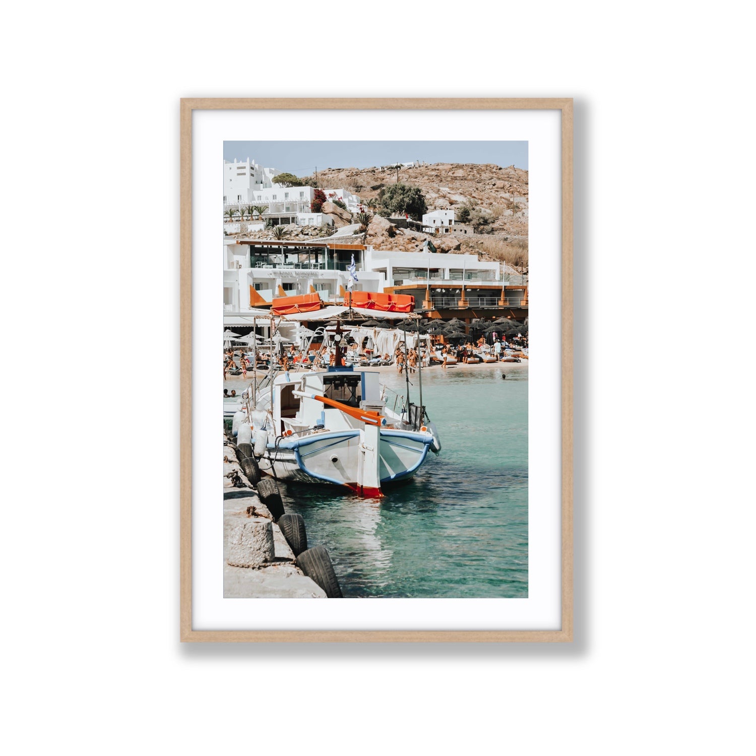 Travel In Style Mykonos Greek island wall art Extra Large fine art print in natural oak frame with matboard