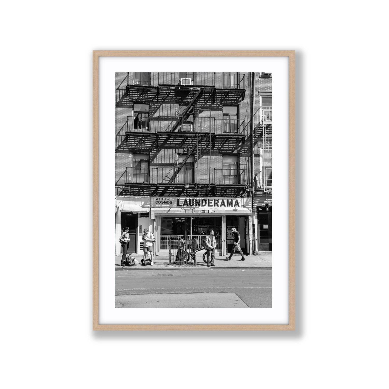 Bus Stop New York NYC Black & White wall art Extra Large fine art print in natural oak frame with matboard