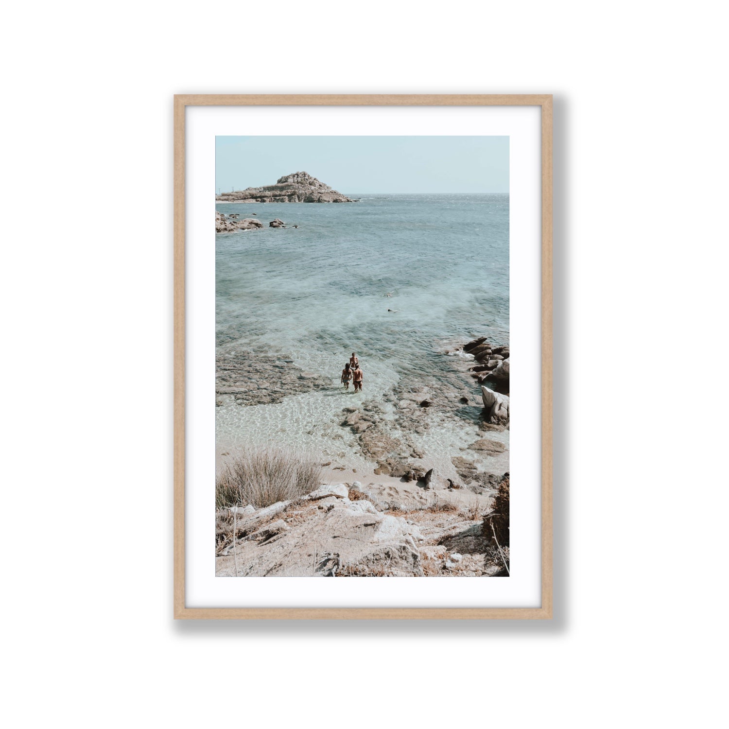 Island Life Mykonos coastal Greek island wall art Extra Large fine art print in natural oak frame with matboard