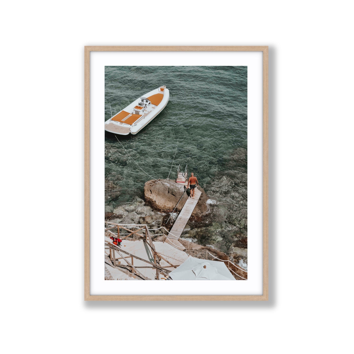 Secret Cove Tuscany coastal Italian wall art Extra Large fine art print in natural oak frame with matboard
