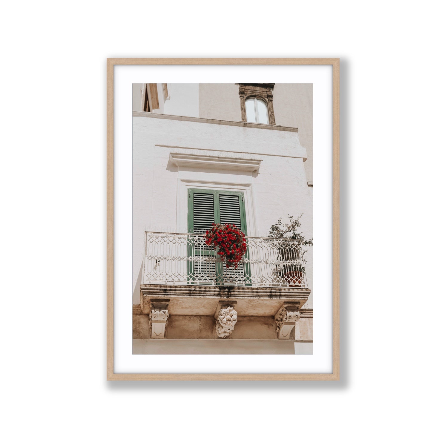 Balcone Estivo Puglia Italian wall art Extra Large fine art print in natural oak frame with matboard