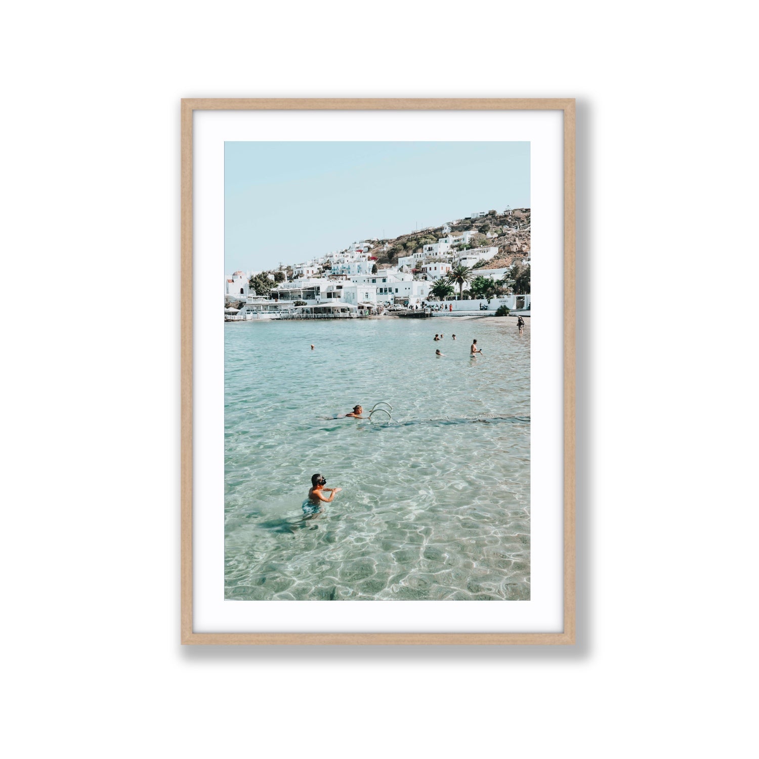 Beside The Seaside Mykonos beach Greek island wall art Extra Large fine art print in natural oak frame with matboard