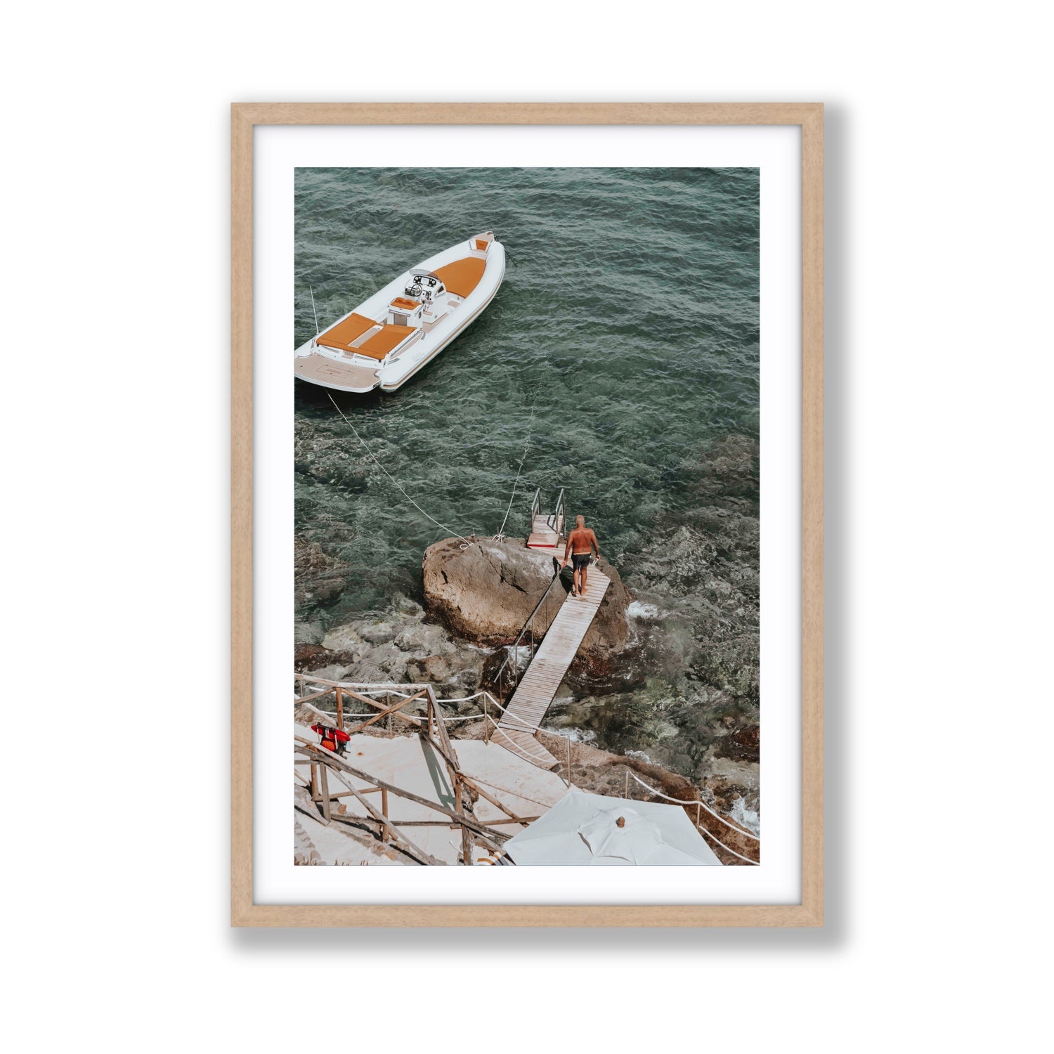 Secret Cove Tuscany coastal Italian wall art Giant fine art print in natural oak frame with matboard
