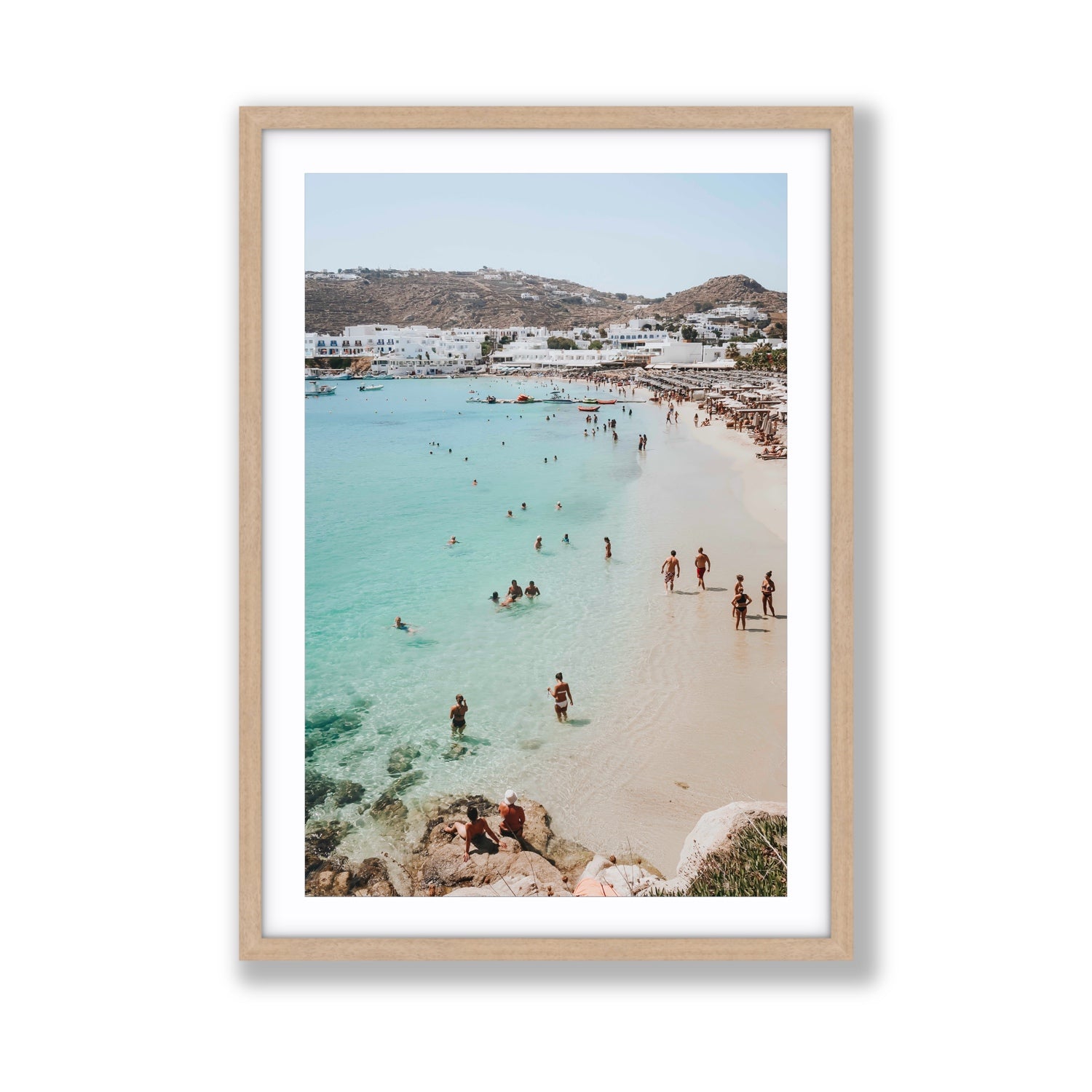 Breathe In The Salty Air Mykonos Greek island wall art Giant fine art print in natural oak frame with matboard