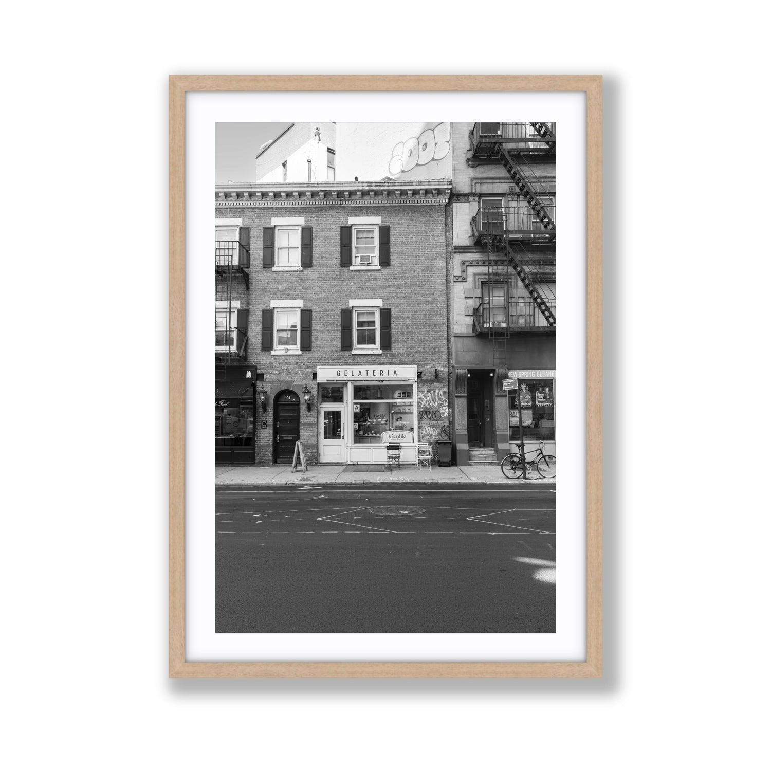 Gelateria New York NYC Black & White wall art Giant fine art print in natural oak frame with matboard