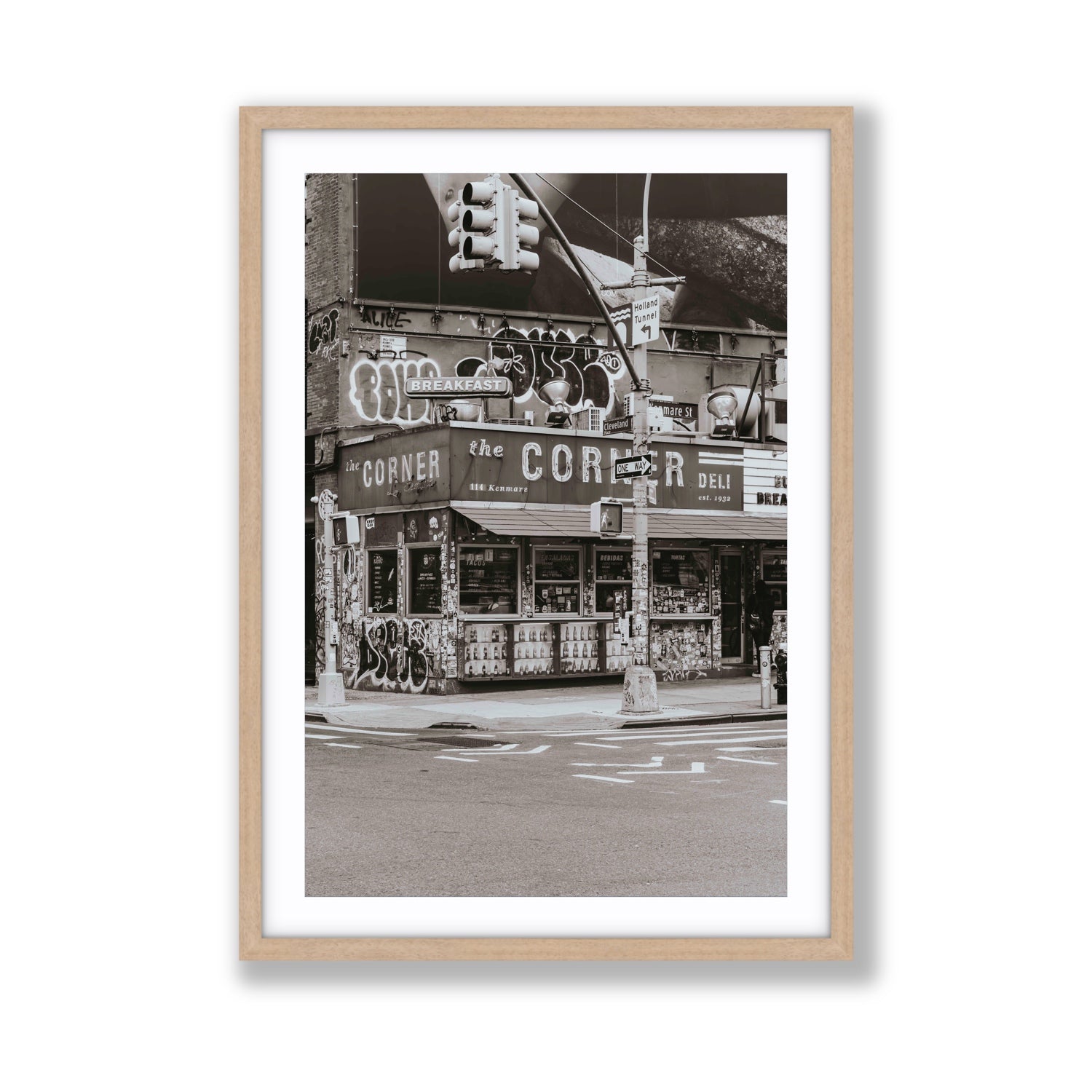 Soho Deli New York NYC Black & White wall art Giant fine art print in natural oak frame with matboard