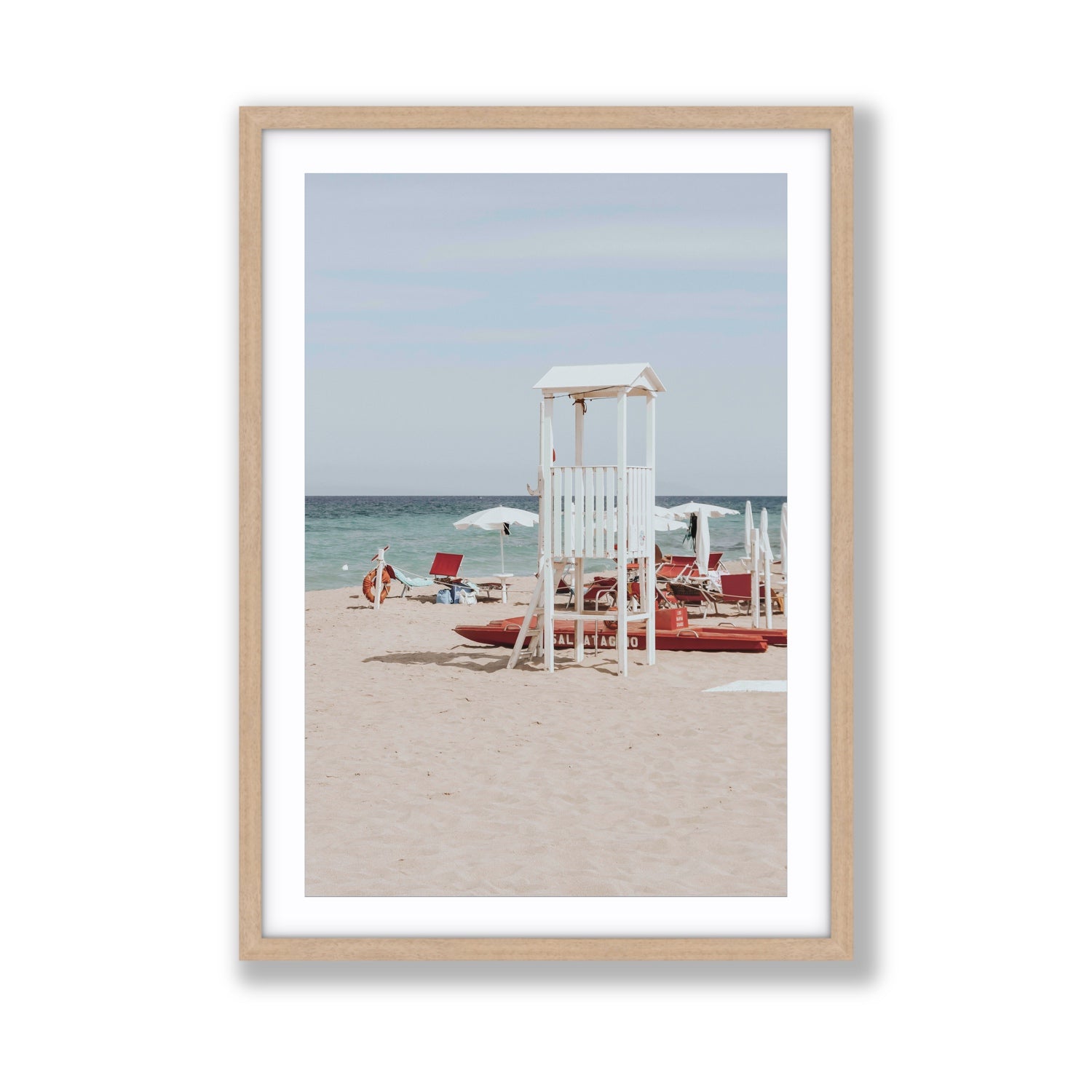Barefoot Bliss Puglia beach Italian coastal decor wall art Giant fine art print in natural oak frame with matboard