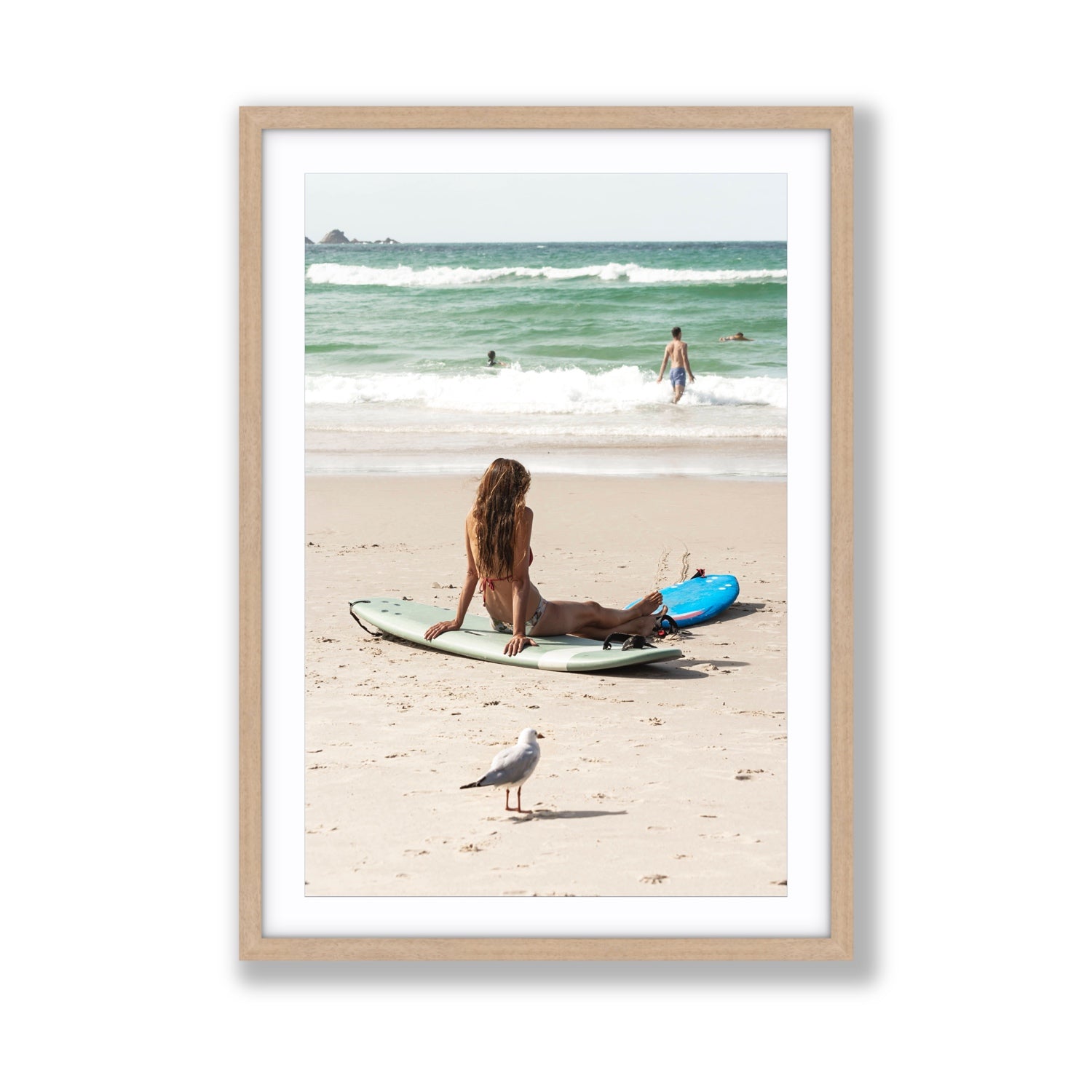 Carissa Byron Bay Surf coastal wall art Giant fine art print in natural oak frame with matboard