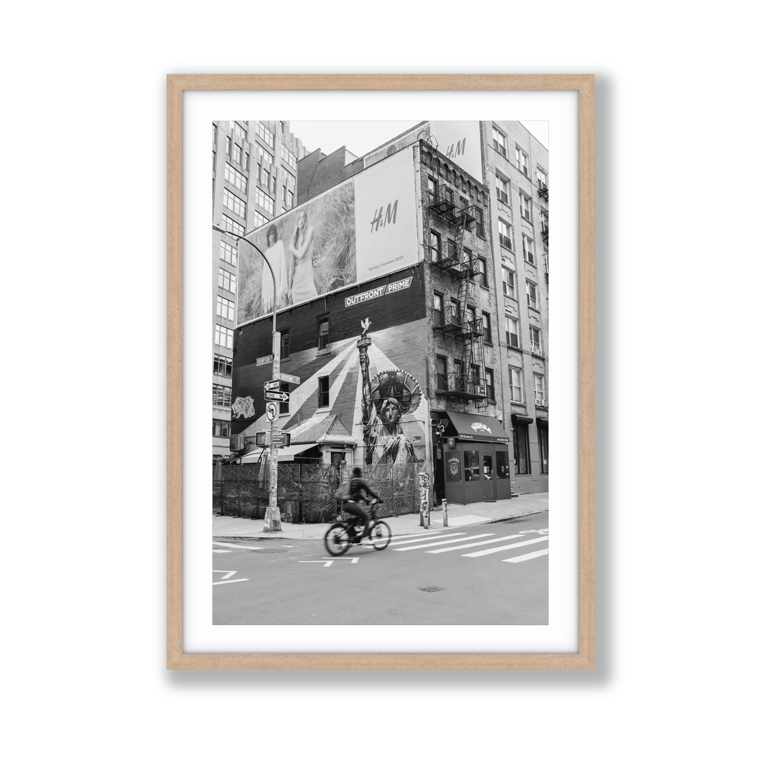 Shadows Of Liberty New York NYC Black & White wall art Giant fine art print in natural oak frame with matboard
