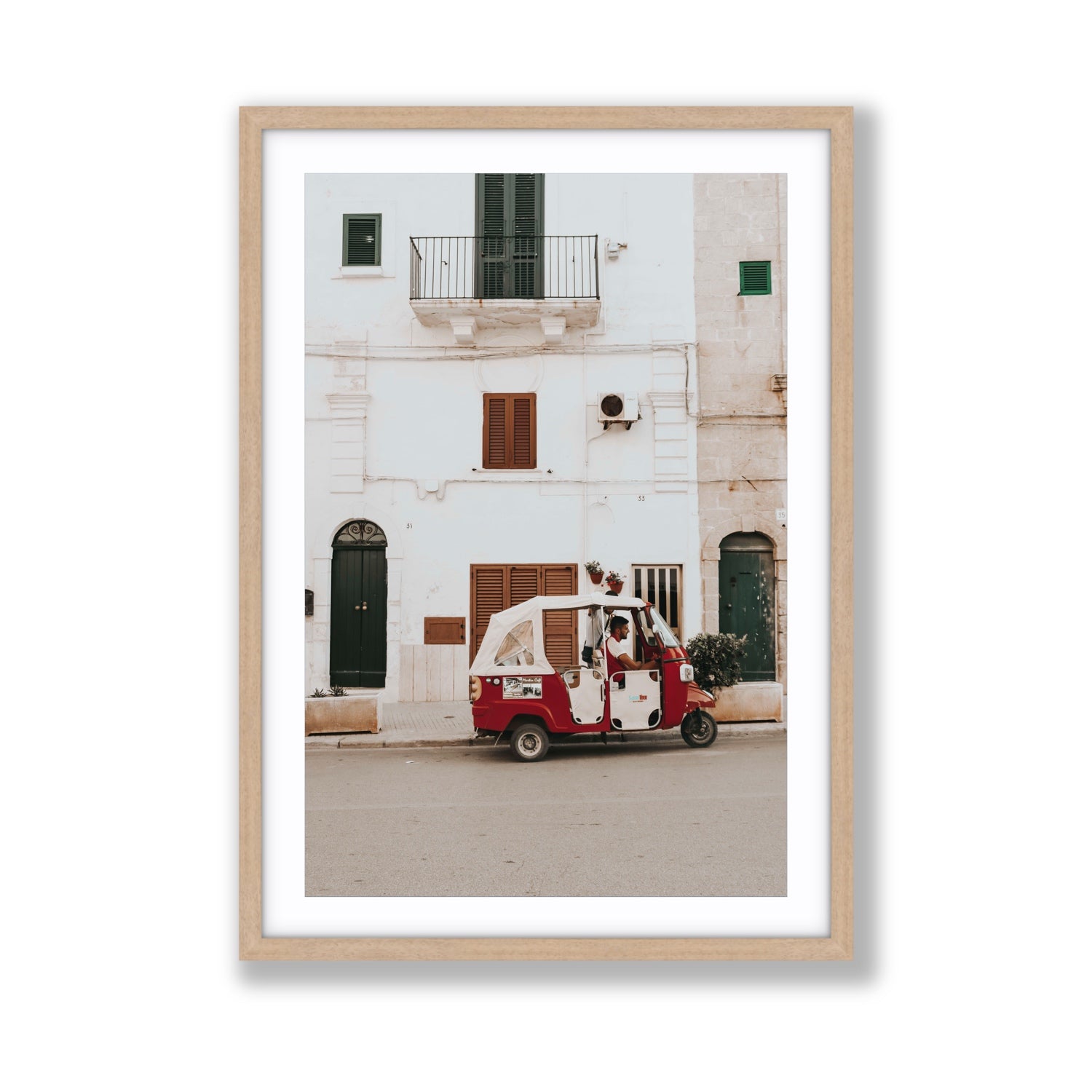 Groovy Piaggio Puglia Italian wall art Giant fine art print in natural oak frame with matboard