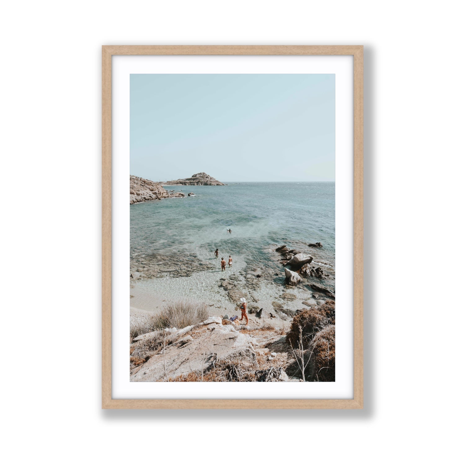 Explorers Mykonos Greek island wall art Giant fine art print in natural oak frame with matboard