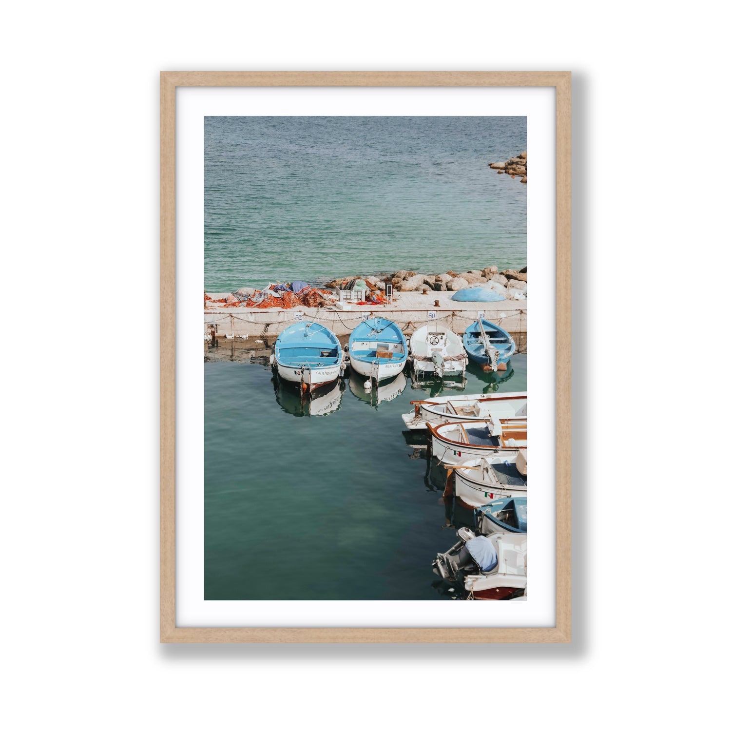 Maritime Memories Puglia Harbour Reflections coastal wall art Giant fine art print in natural oak frame with matboard