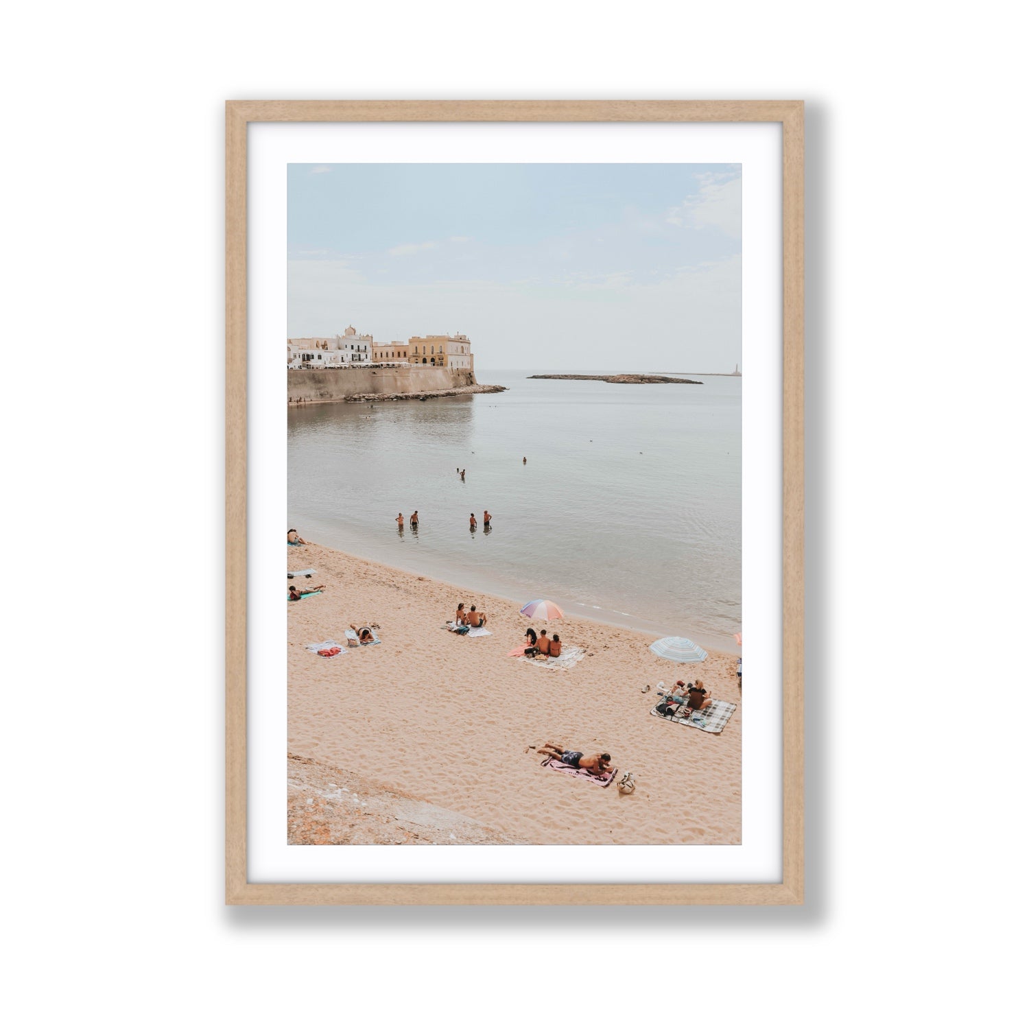 Spiaggia della Purita Puglia coastal art print Giant fine art print in natural oak frame with matboard
