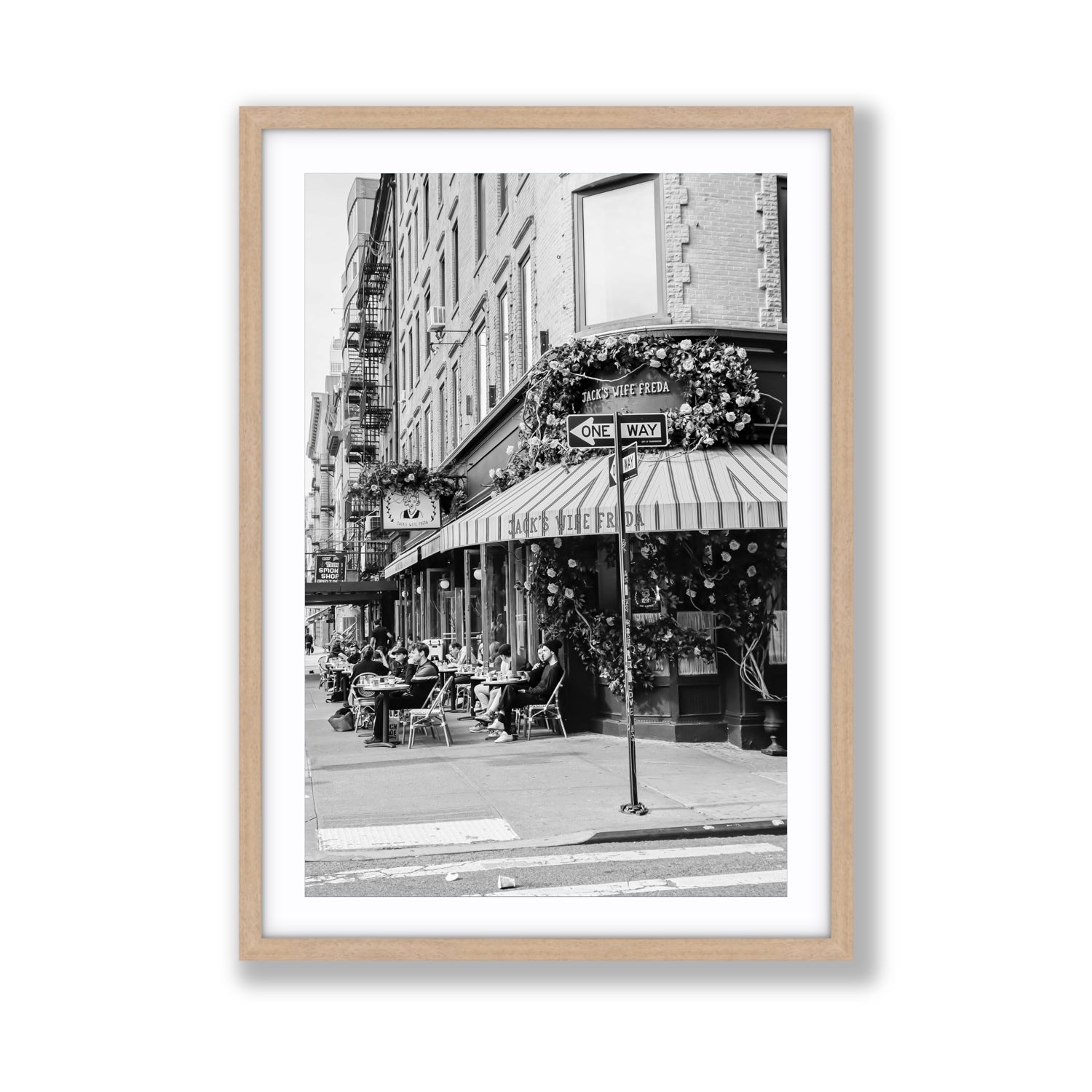 Freda's Feast New York NYC Black & White wall art Giant fine art print in natural oak frame with matboard