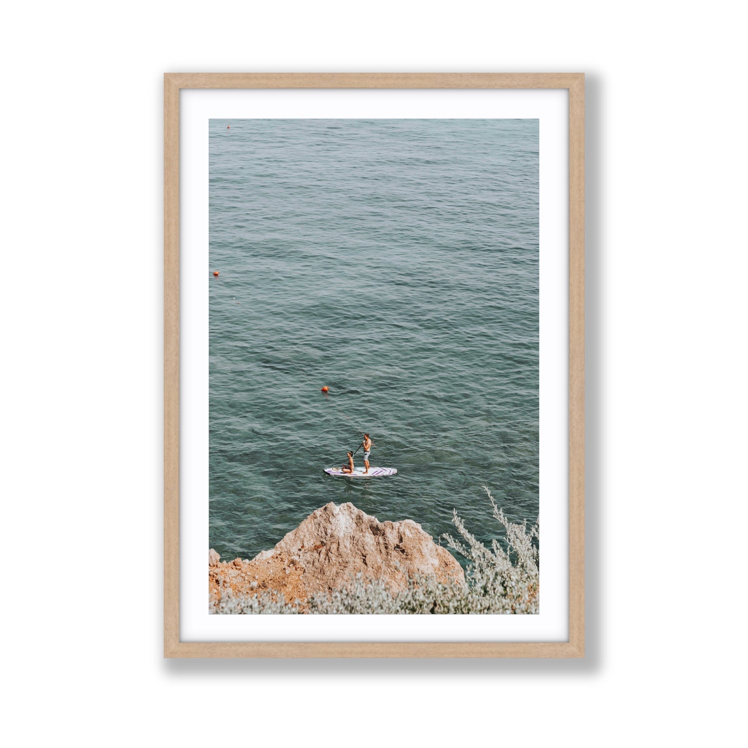 Into The Vibe Without Getting Wet Tuscany coastal wall art Giant fine art print in natural oak frame with matboard