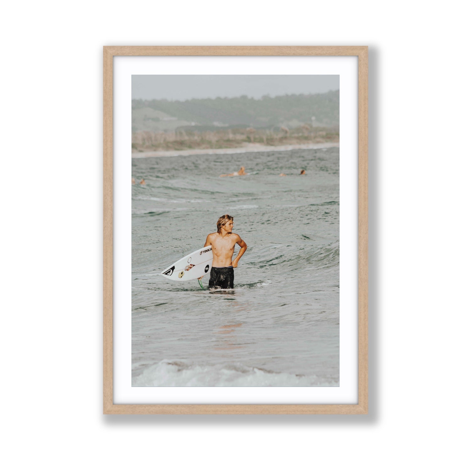 Chasing Mavericks Byron Bay Surf coastal wall art Giant fine art print in natural oak frame with matboard