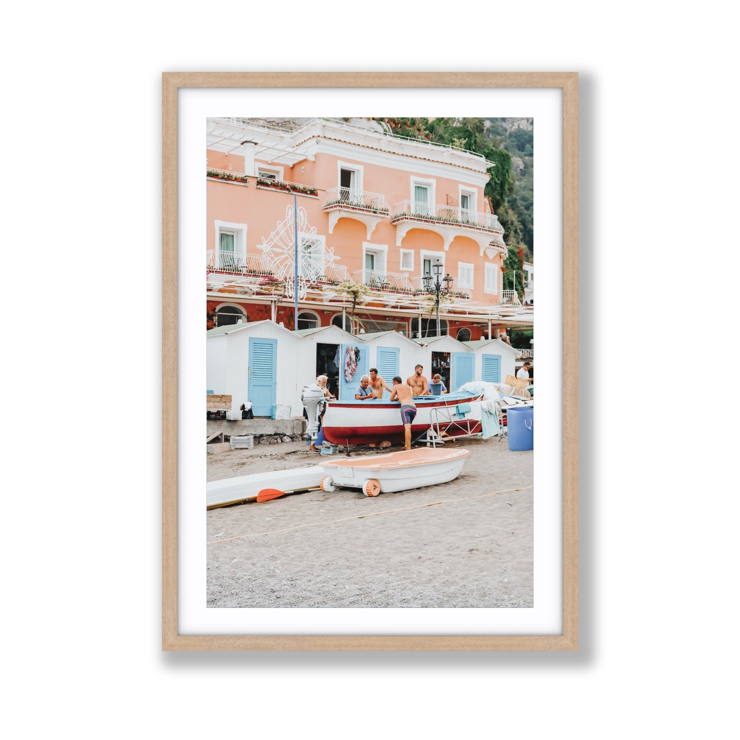 La Riunione della Mattina fine art print, Positano, Italy, Giant, Natural Oak Frame · Matboard, Fine Art Print