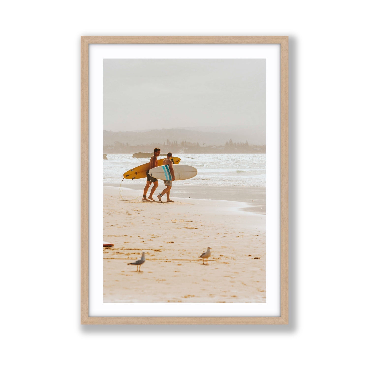 Shane & Benji Byron Bay Surf coastal wall art Giant fine art print in natural oak frame with matboard