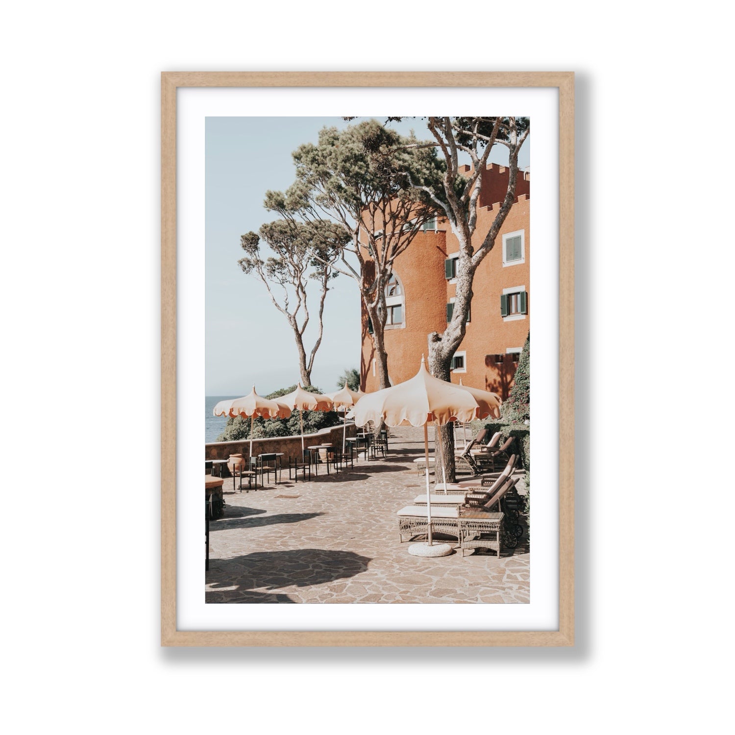 Mezzatorre Ischia Italian Mediterranean decor wall art Giant fine art print in natural oak frame with matboard